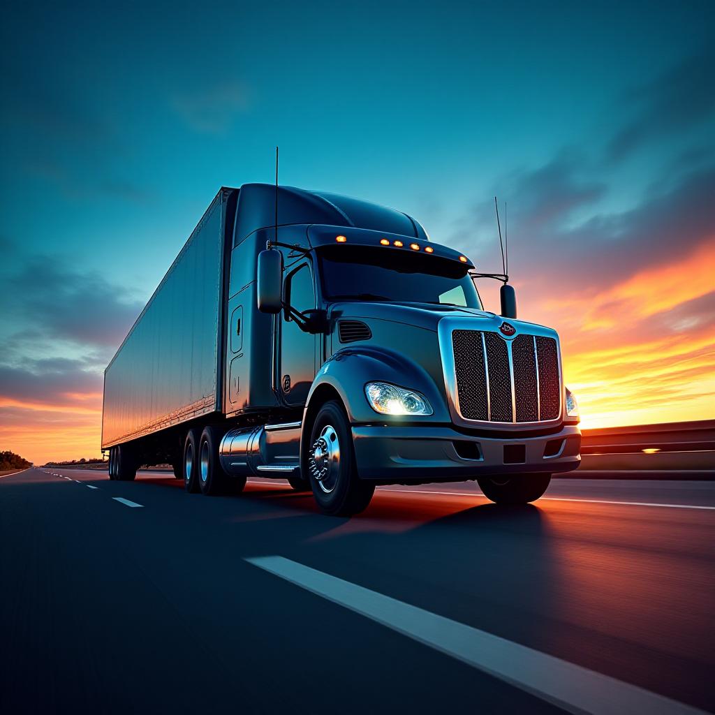 Modern logistics fleet at twilight with vibrant light trails