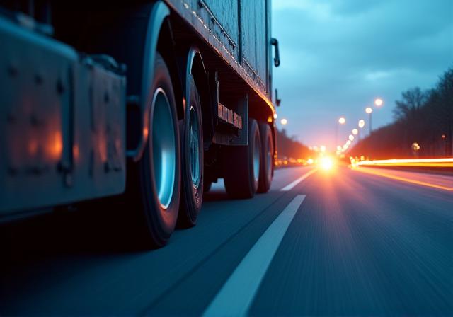 Heavy transport vehicle on a modern highway at dusk