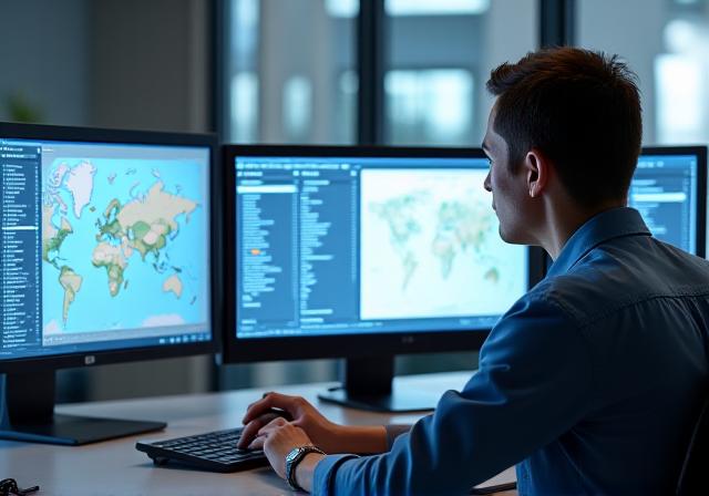 Modern logistics dispatch center with multiple monitors showing global shipping routes