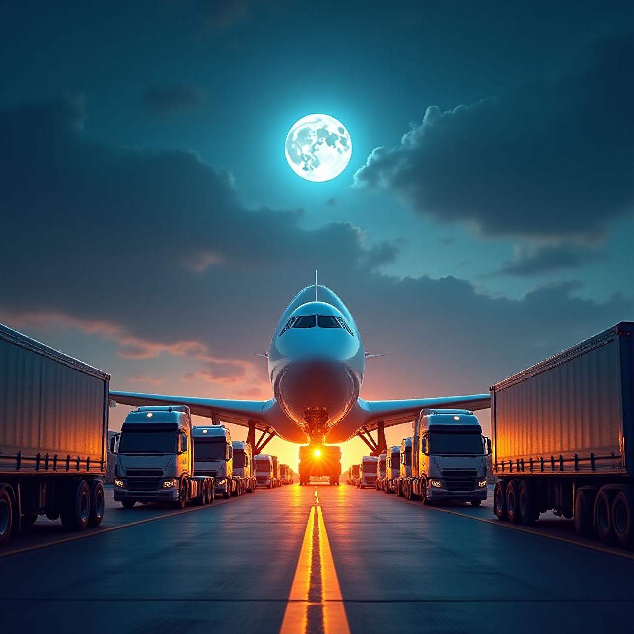 Modern logistics hub with cargo planes and trucks